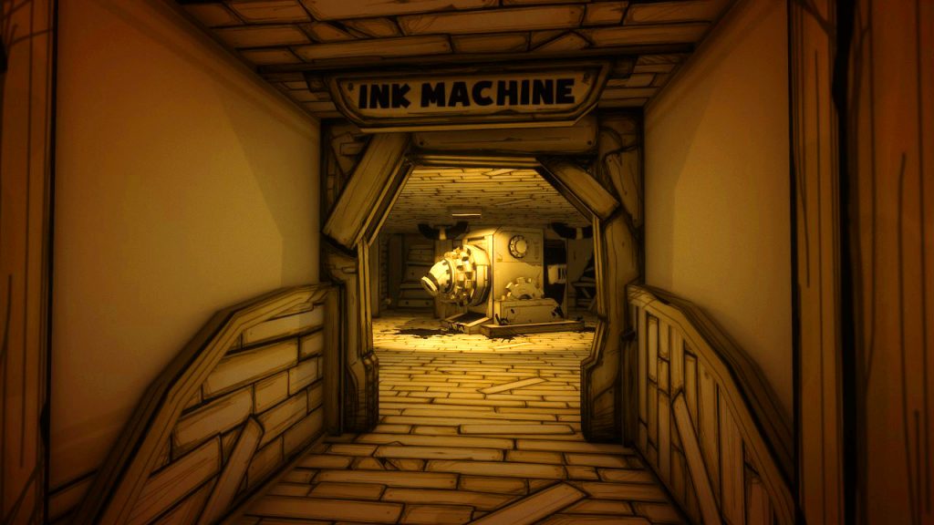 A long corridor leads through a doorway into a small room. Standing in the middle, a large cuboid machine, with what looks like a drill attachment has the words "Ink Machine" written on the side.